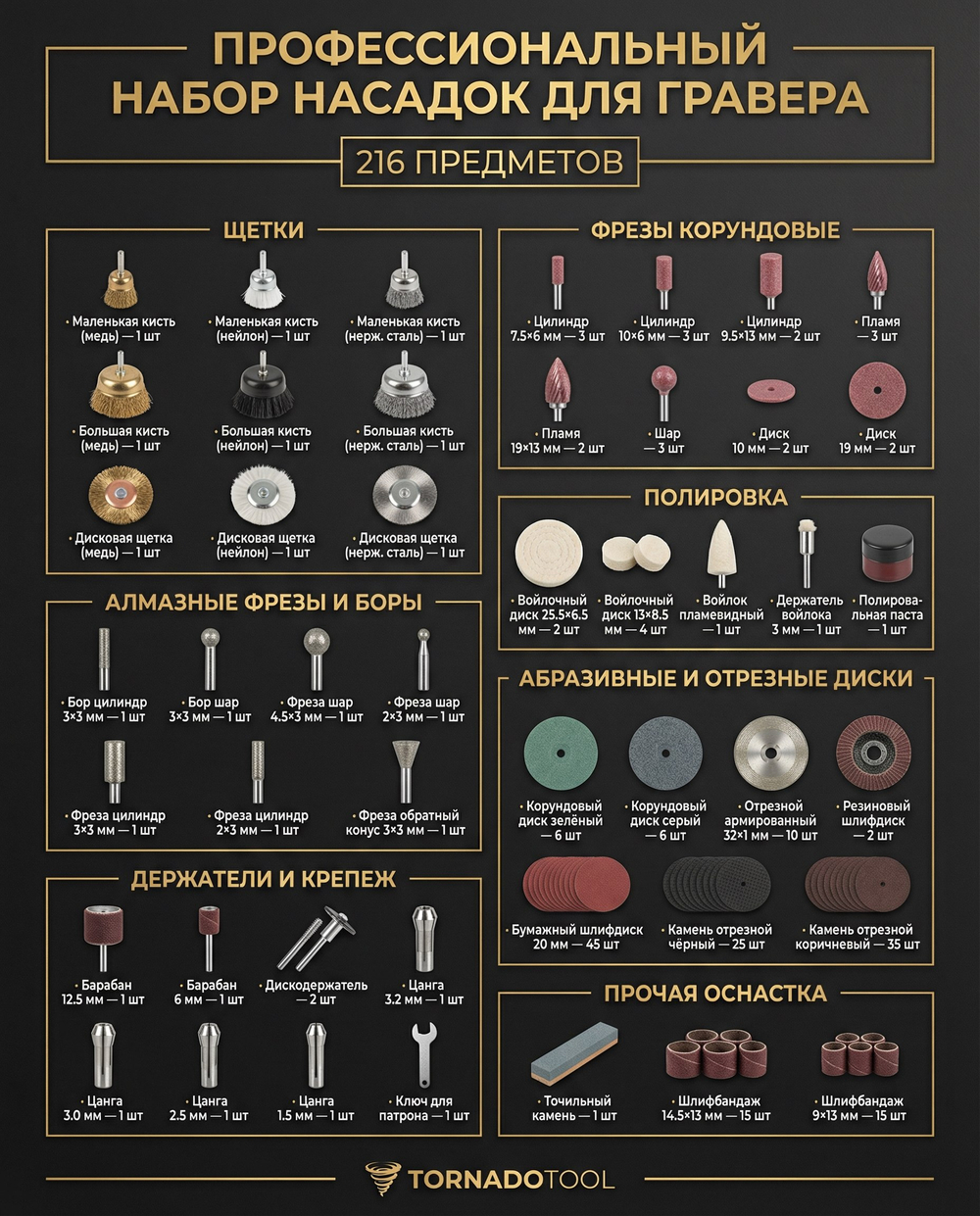 Насадки для гравера, 216 предметов, хвостовик 3 мм